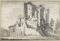Q+ 030
<br/>
Ruïnes van het Nymphaeum ('Trofeo di Mario') op de Esquilijn, van de achterkant gezien
<br/>
<em>Worst, Jan (werkz. 1645-1686)</em>